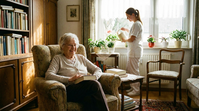 Eine ältere Frau sitzt entspannt in einem bequemen Sessel in ihrem Wohnzimmer und liest ein Buch, während im Hintergrund eine Pflegekraft liebevoll die Zimmerpflanzen gießt. Friedliche Stimmung.