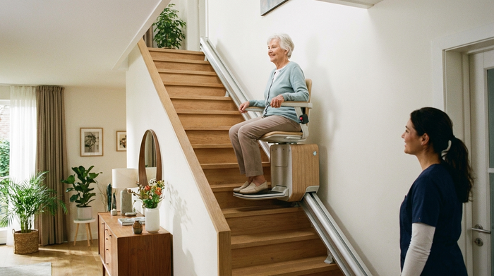 Ein moderner, unauffälliger Treppenlift in einem gepflegten Einfamilienhaus. Eine ältere Dame fährt sicher und entspannt die Holztreppe hinauf, während unten eine Betreuerin freundlich zuschaut.