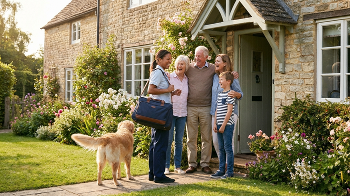 Eine Pflegekraft mit einer Reisetasche wird an der Haustür herzlich von einer Familie empfangen. Sonniges Wetter, freundliche Gesichter, gepflegter Vorgarten eines Hauses.