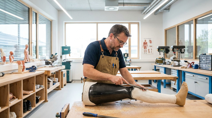 Ein Orthopädietechniker in einer sauberen, modernen Werkstatt passt konzentriert eine Beinprothese an. Helles Licht und eine authentische handwerkliche Umgebung prägen das Bild.