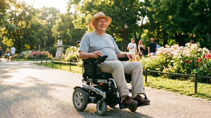 Ein älterer Herr fährt mit einem modernen Elektrorollstuhl entspannt durch eine sonnige Parkanlage. Er lächelt glücklich und genießt die frische Luft in der Natur.