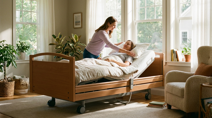 Ein helles, freundliches Schlafzimmer mit einem modernen, elektrisch verstellbaren Pflegebett. Eine fürsorgliche Tochter richtet liebevoll das Kissen für ihre ruhende Mutter.