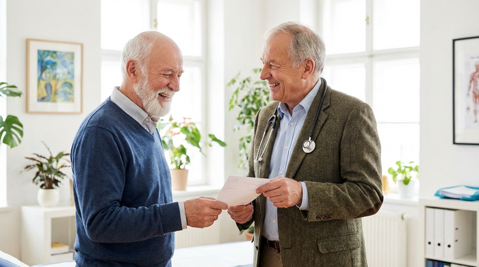 Ein freundlicher Hausarzt überreicht einem Senior in einer hellen Praxis ein Rezept. Beide lächeln, die Stimmung ist positiv, vertrauensvoll und unterstützend.