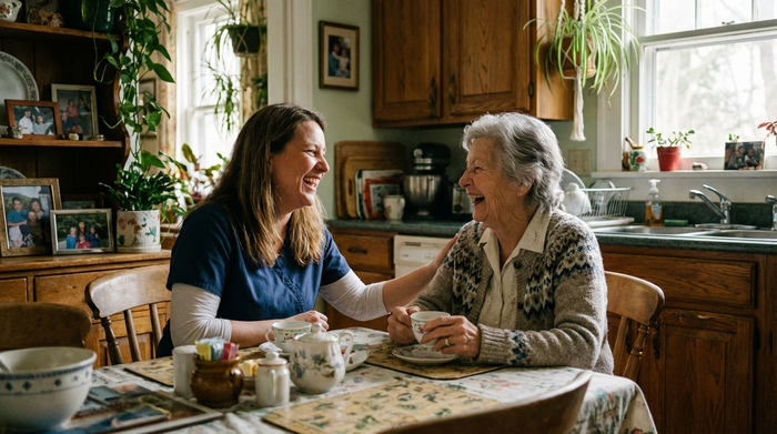 Eine einfühlsame Pflegekraft sitzt gemeinsam mit einer Seniorin am Küchentisch. Sie trinken Tee, lachen zusammen und wirken in der häuslichen Umgebung sehr vertraut.