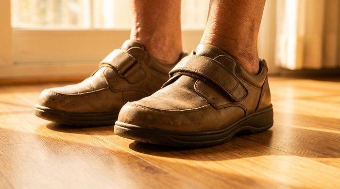 Nahaufnahme von bequemen, stützenden Halbschuhen an den Füßen einer älteren Person, die auf einem glatten Holzboden steht. Das Licht ist warm und einladend, der Fokus liegt auf Komfort und Stabilität der Schuhe.