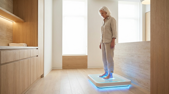 Ein heller, moderner Behandlungsraum. Eine ältere Dame steht barfuß auf einer sauberen, dezent beleuchteten Glasplatte eines modernen 3D-Scanners, während sanftes blaues Licht ihre Füße beleuchtet. Keine sichtbaren Bildschirme oder Schriften.