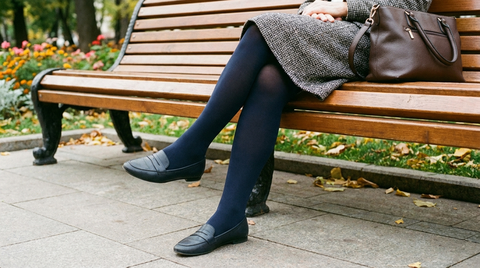 Die Beine einer elegant gekleideten älteren Frau, die auf einer gepflegten Parkbank sitzt. Sie trägt unauffällige, feine Kompressionsstrümpfe, die wie modische, blickdichte Strumpfhosen aussehen, kombiniert mit schicken, flachen Schuhen.