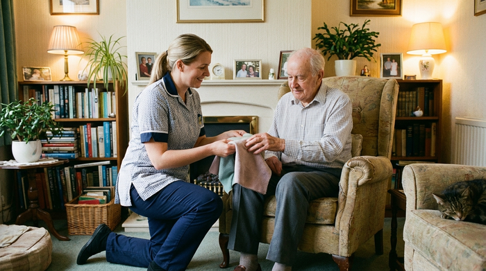 Eine freundliche Fachkraft in ordentlicher Berufskleidung kniet im gemütlichen Wohnzimmer eines Senioren und berät ihn liebevoll, während sie weiche Stoffmuster in den Händen hält. Vertrauensvolle, entspannte Stimmung im häuslichen Umfeld.