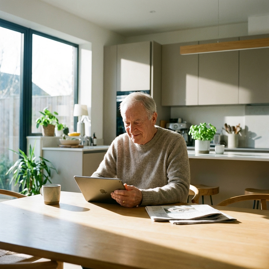 Ein älterer Herr sitzt entspannt am Küchentisch und betrachtet ein digitales Tablet. Helles Tageslicht fällt durch das Fenster und erzeugt eine ruhige, moderne Atmosphäre.