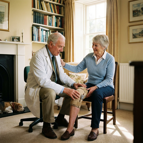 Ein Arzt im weißen Kittel sitzt im Sprechzimmer und bespricht mit einer älteren Patientin freundlich die Notwendigkeit einer Kniebandage. Ruhige und vertrauensvolle Stimmung.
