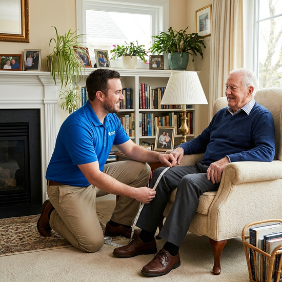 Ein freundlicher Sanitätshaus-Mitarbeiter im blauen Poloshirt kniet im gemütlichen Wohnzimmer eines Senioren und misst mit einem Maßband dessen Bein aus.