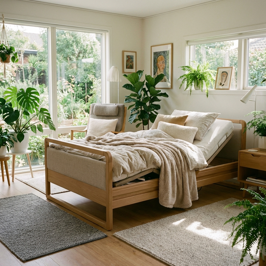 Ein modernes, komfortables Pflegebett steht in einem hellen, wohnlich eingerichteten Schlafzimmer mit großen Fenstern und grünen Zimmerpflanzen.