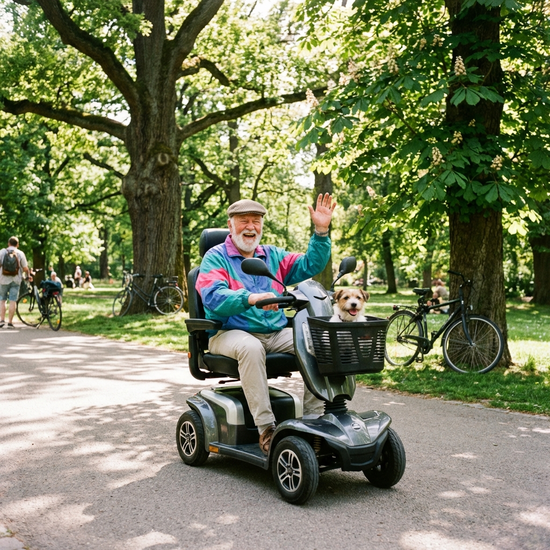 Ein rüstiger Rentner fährt mit einem modernen Elektromobil fröhlich durch einen sonnigen Park mit großen Bäumen und gepflasterten Wegen.
