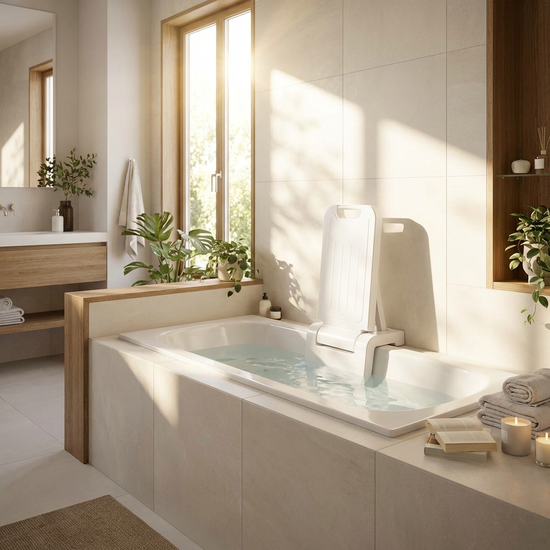Ein sauberes, modernes Badezimmer mit einem installierten, weißen Badewannenlift in einer hellen Badewanne. Sonniges Licht und entspannende Atmosphäre.