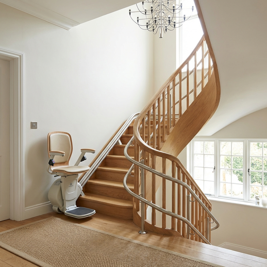 Ein eleganter, moderner Treppenlift ist an einer Holztreppe in einem gepflegten Einfamilienhaus installiert. Helles, einladendes Treppenhaus.