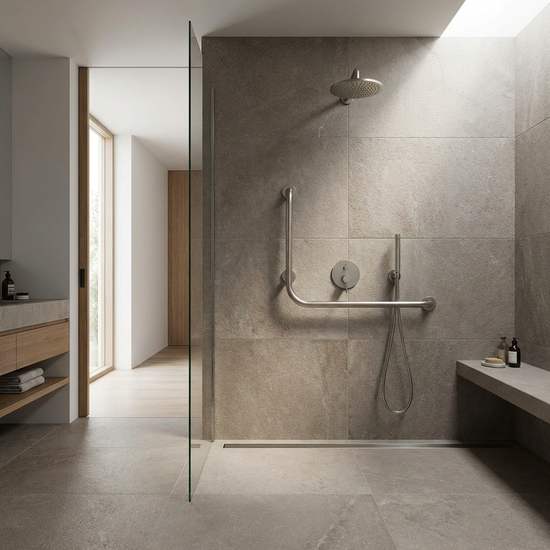 Eine bodengleiche, barrierefreie Dusche mit rutschfesten Fliesen und einem eleganten Haltegriff an der Wand in einem modernen Badezimmer.