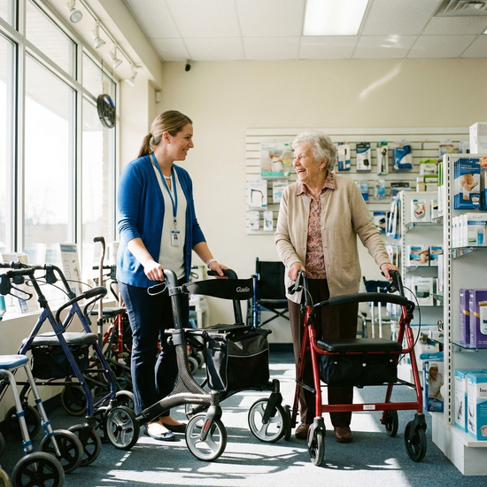 Eine freundliche Beraterin im Sanitätshaus zeigt einer älteren Dame verschiedene Rollatormodelle. Beide lächeln und führen ein entspanntes Gespräch.
