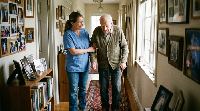 Eine empathische Pflegekraft stützt einen älteren Herrn behutsam beim Gehen im eigenen, gemütlichen Flur. Helles Tageslicht, professionelle und fürsorgliche Ausstrahlung in einer realistischen Wohnumgebung.