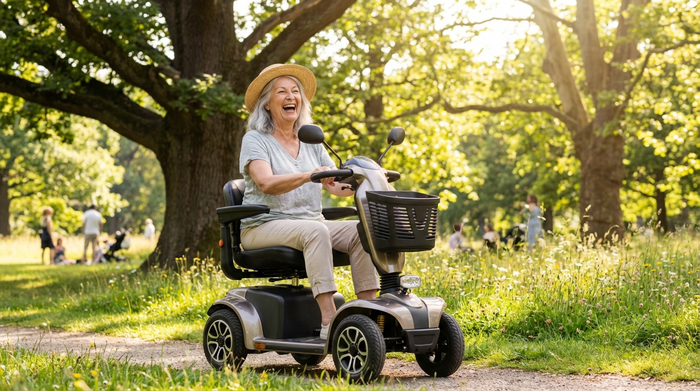 Eine zufriedene Seniorin fährt mit einem modernen Elektromobil durch einen sonnigen, grünen Park. Fröhlicher Gesichtsausdruck, klare und natürliche Umgebung mit großen Bäumen im Hintergrund.