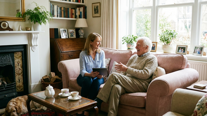 Eine sympathische Gutachterin unterhält sich auf einem gemütlichen Sofa freundlich mit einem älteren Mann. Vertrauensvolle Gesprächssituation in einem gut ausgeleuchteten Wohnzimmer, klare Details und entspannte Körperhaltung.