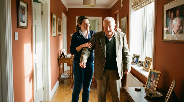 Eine einfühlsame Pflegekraft hilft einem älteren Herrn beim Anziehen einer Jacke im Flur eines gepflegten Hauses. Helle Beleuchtung, warme Farben, realistische Pflegesituation im Alltag ohne Text im Bild.