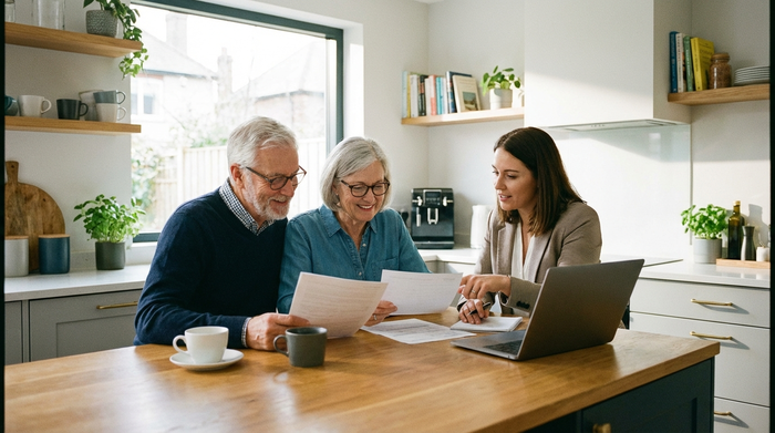 Ein älteres Ehepaar sitzt am Küchentisch und schaut gemeinsam mit einer Beraterin auf einige Dokumente. Konzentrierte, aber entspannte Stimmung, helles Tageslicht, aufgeräumte Umgebung, fotorealistisch.