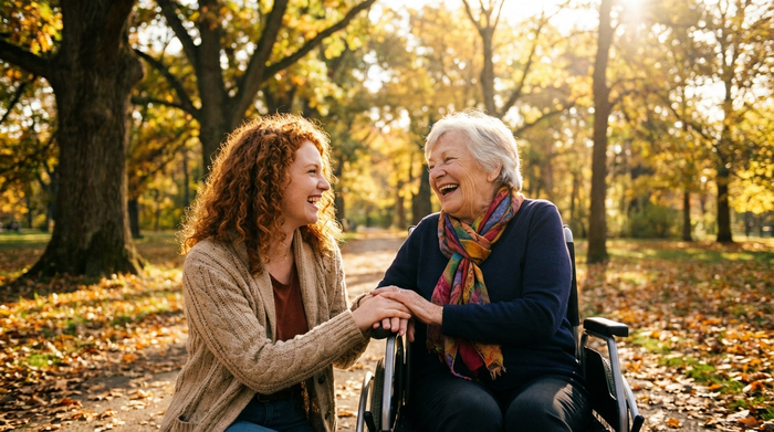 Eine junge Pflegekraft und eine Seniorin im Rollstuhl lachen gemeinsam bei einem Spaziergang in einem sonnigen Park mit alten Bäumen. Vertrauter Umgang, herbstliches Licht, klare, fokussierte Fotografie.