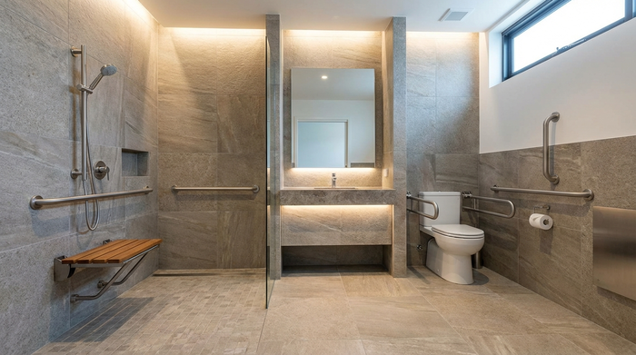 Ein modernes, barrierefreies Badezimmer mit einer bodengleichen Dusche, eleganten Haltegriffen an der Wand und einem klappbaren Duschsitz. Stilvolle, rutschfeste Fliesen, sauberes und sicheres Ambiente, keine Beschriftungen.