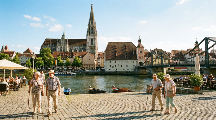 Ein sonniger Tag in der historischen Altstadt von Regensburg mit Blick auf die Donau und den Dom, ältere Menschen spazieren entspannt über die gepflasterten Wege entlang des Ufers.