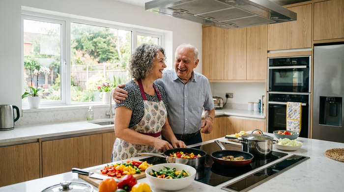Eine fürsorgliche osteuropäische Betreuungskraft kocht gemeinsam mit einem älteren Herrn in einer modernen, sauberen Küche frisches Gemüse. Beide lachen und wirken sehr vertraut miteinander.