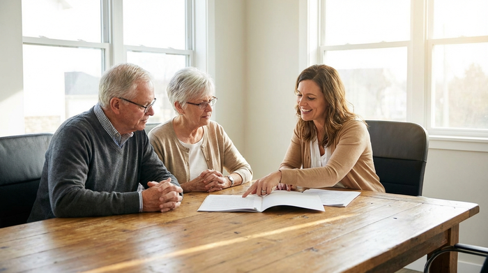 Ein älteres Ehepaar sitzt mit einer sympathischen Beraterin an einem Holztisch in einem hellen Büro, sie betrachten aufmerksam Dokumente. Die Atmosphäre ist seriös, hell und unterstützend.