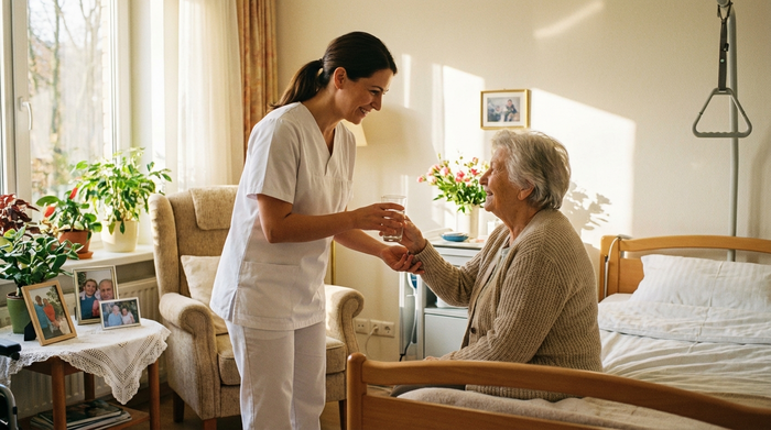 Eine freundliche Pflegekraft in weißer Berufskleidung reicht einer lächelnden Seniorin in einem hellen, freundlichen Zimmer ein Glas Wasser. Warme Beleuchtung, professionelle und liebevolle Pflegeumgebung.