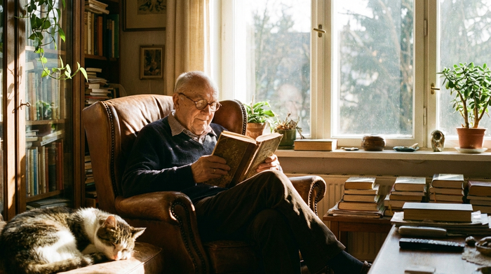Ein älterer Herr mit Brille sitzt entspannt im Sessel und liest in einem Buch, während warmes Nachmittagslicht durch das Fenster fällt. Ruhige, sorgenfreie Stimmung im Alter.