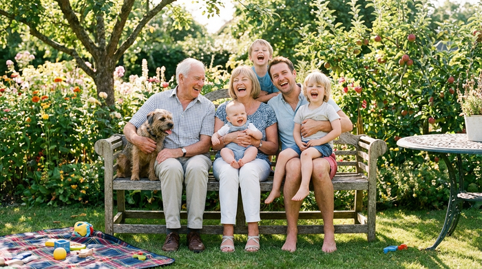 Eine Familie mit drei Generationen sitzt fröhlich im Garten auf einer Holzbank zusammen. Großeltern, Eltern und Enkelkinder lachen gemeinsam. Sonniger Tag, grüne Natur, unbeschwerte Familienzeit.