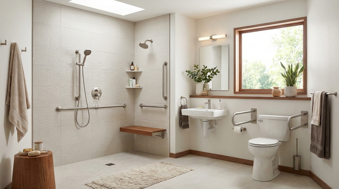 Ein modernes, helles und barrierefreies Badezimmer mit einer ebenerdigen Dusche, Haltegriffen und rutschfesten Fliesen. Elegantes Design, sicher und altersgerecht ausgestattet, ohne klinisch zu wirken.