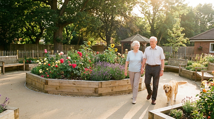Ein sicherer und idyllischer Demenzgarten mit rollstuhlgerechten Rundwegen. Ein älteres Ehepaar spaziert Hand in Hand vorbei an bunten, erhöhten Hochbeeten voller blühender Blumen. Die Umgebung ist sonnig, friedlich und von schattenspendenden Bäumen umgeben.