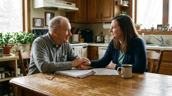Ein älterer Mann und seine erwachsene Tochter sitzen am Küchentisch und besprechen Unterlagen. Die Tochter hält beruhigend die Hand ihres Vaters. Auf dem Tisch liegen eine Brille und eine Kaffeetasse. Die Atmosphäre ist vertraut und unterstützend.