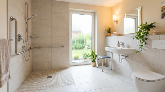 Ein modern umgebautes, barrierefreies Badezimmer. Eine geräumige, ebenerdige Dusche mit einem sicheren Haltegriff und einem rutschfesten Boden. Helle Fliesen und ein großes Fenster sorgen für eine saubere, einladende und sichere Umgebung.