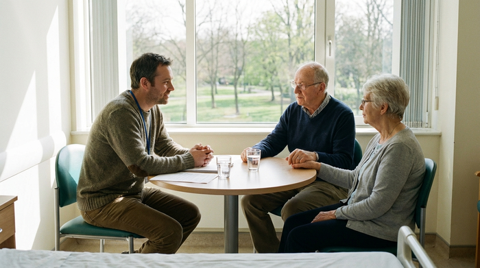 Ein einfühlsamer Sozialarbeiter im Gespräch mit einem älteren Ehepaar in einem hellen Krankenhauszimmer. Sie sitzen an einem kleinen Tisch, die Stimmung ist konzentriert und unterstützend.