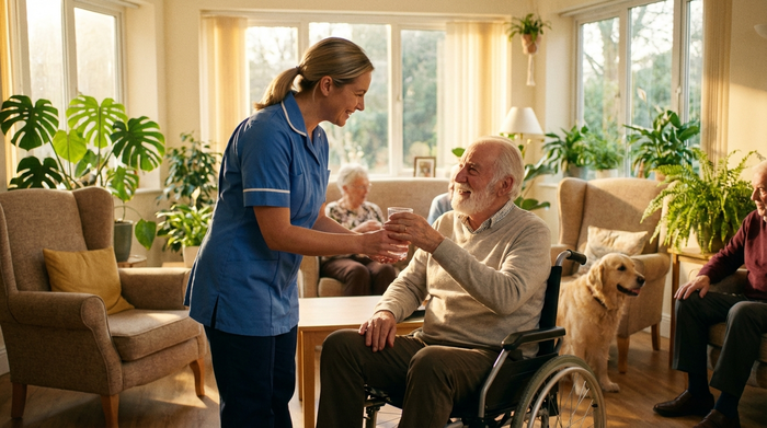 Eine freundliche Pflegekraft reicht einem lächelnden älteren Herrn in einem sonnendurchfluteten Aufenthaltsraum ein Glas Wasser. Im Hintergrund stehen gemütliche Sessel und üppige Zimmerpflanzen.