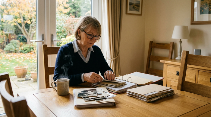 Eine erwachsene Frau sitzt nachdenklich an einem aufgeräumten Esstisch und sortiert sorgfältig verschiedene Dokumente und Unterlagen. Eine dampfende Tasse Kaffee steht daneben.