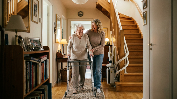 Eine fürsorgliche Pflegekraft hilft einer älteren Dame liebevoll beim Gehen im eigenen, gemütlichen Flur. Ein moderner Treppenlift ist dezent im Hintergrund sichtbar.