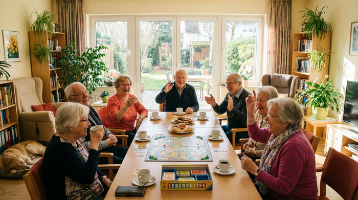 Eine Gruppe fröhlicher Senioren sitzt in einem hellen, freundlichen Aufenthaltsraum zusammen und spielt ein Brettspiel. Die Atmosphäre ist lebhaft und gemeinschaftlich.