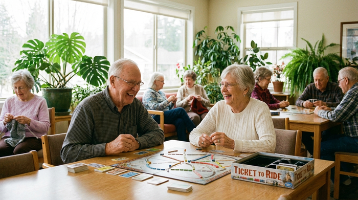Zwei fröhliche Senioren spielen gemeinsam ein Brettspiel an einem hellen Holztisch in einem sonnigen Gemeinschaftsraum. Im Hintergrund sind unscharf weitere Senioren und grüne Zimmerpflanzen zu sehen.