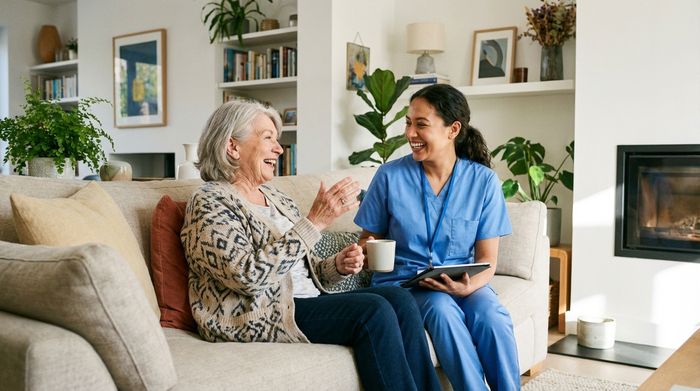 Eine ältere Dame sitzt entspannt auf einem bequemen Sofa und unterhält sich angeregt mit einer sympathischen Pflegekraft in blauer Berufskleidung. Die Umgebung ist wohnlich und modern eingerichtet.