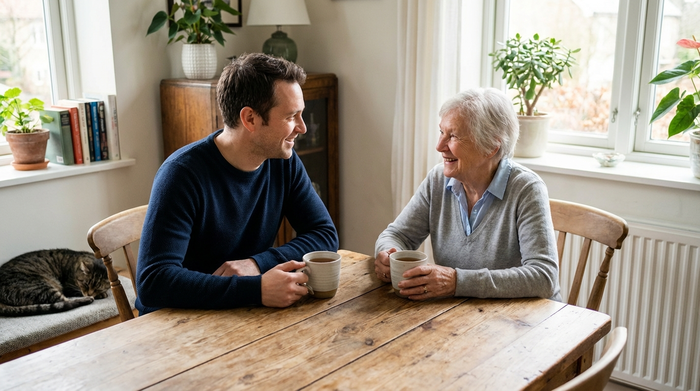 Ein erwachsener Sohn und seine ältere Mutter sitzen am Esstisch und lächeln sich glücklich an, während sie bei einer Tasse Tee entspannen. Die Atmosphäre ist harmonisch und völlig stressfrei.