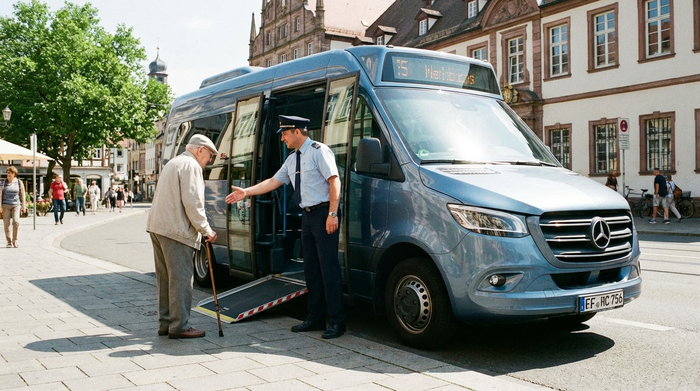 Ein hilfsbereiter Fahrer reicht einem älteren Herrn freundlich die Hand, um ihm beim Einsteigen in einen modernen, geräumigen Kleinbus zu helfen. Das Wetter ist sonnig und klar.