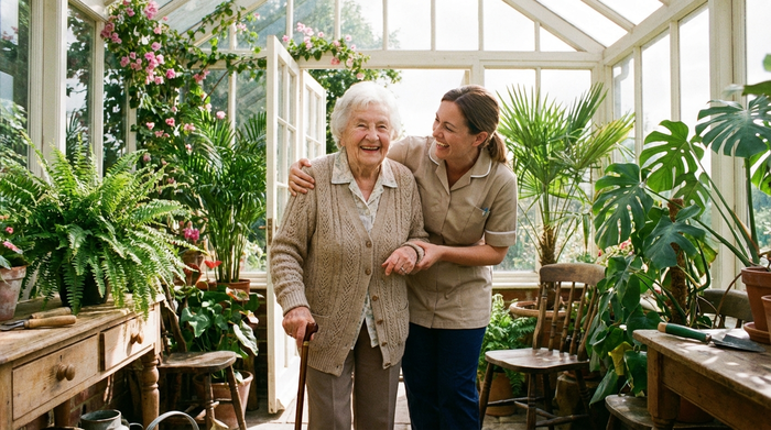 Eine lächelnde Seniorin betritt zum ersten Mal einen lichtdurchfluteten Wintergarten voller Pflanzen und wird von einer freundlichen Pflegerin herzlich begrüßt.