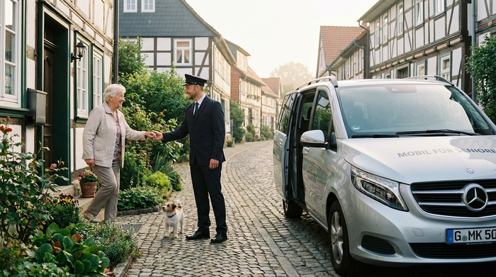 Ein fürsorglicher Fahrer in gepflegter Dienstkleidung begleitet eine fröhliche Seniorin von ihrer Haustür zu einem wartenden Transportfahrzeug. Ein idyllisches Wohngebiet mit grünen Vorgärten im sanften Morgenlicht.