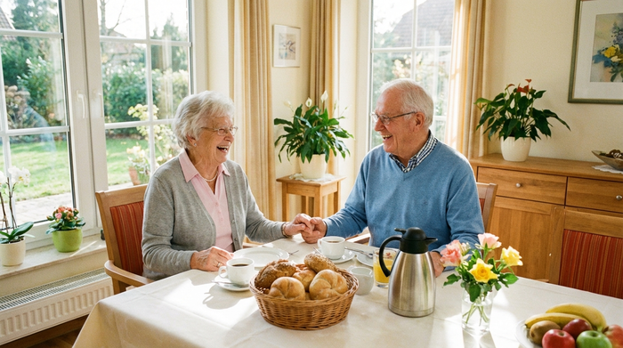 Zwei Senioren sitzen entspannt und lachend gemeinsam an einem schön gedeckten Frühstückstisch in einer hellen, freundlichen Einrichtung. Frische Brötchen und Kaffeetassen stehen auf dem Tisch, gemütliches und sauberes Ambiente.